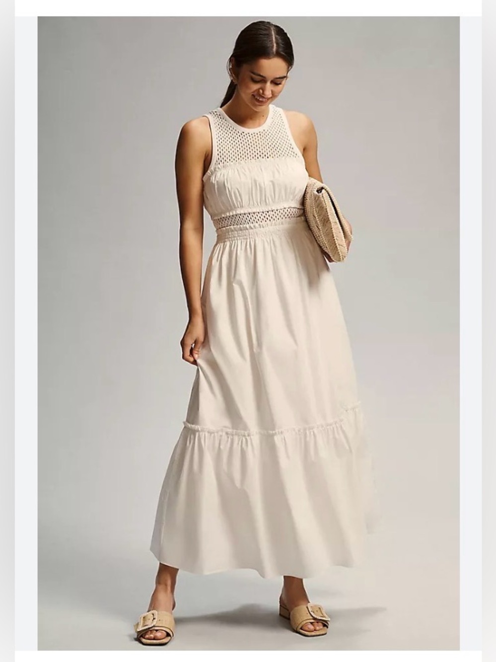 Anthropologie MARE MARE White Smocked Perforated Stretch Maxi Dress Petite S 4/6